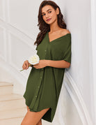 Green off-shoulder button-front teddy sleep dress with short sleeves and curved hem