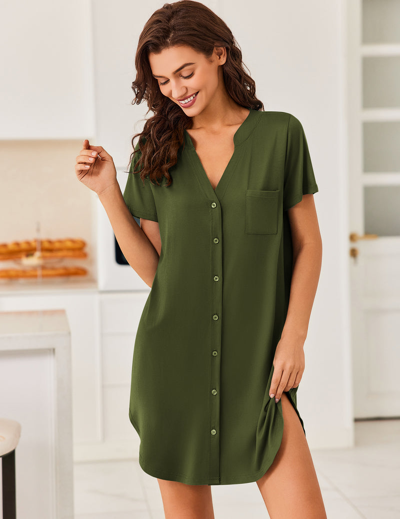 Green V-neck button-front teddy nightgown with short sleeves and front patch pocket