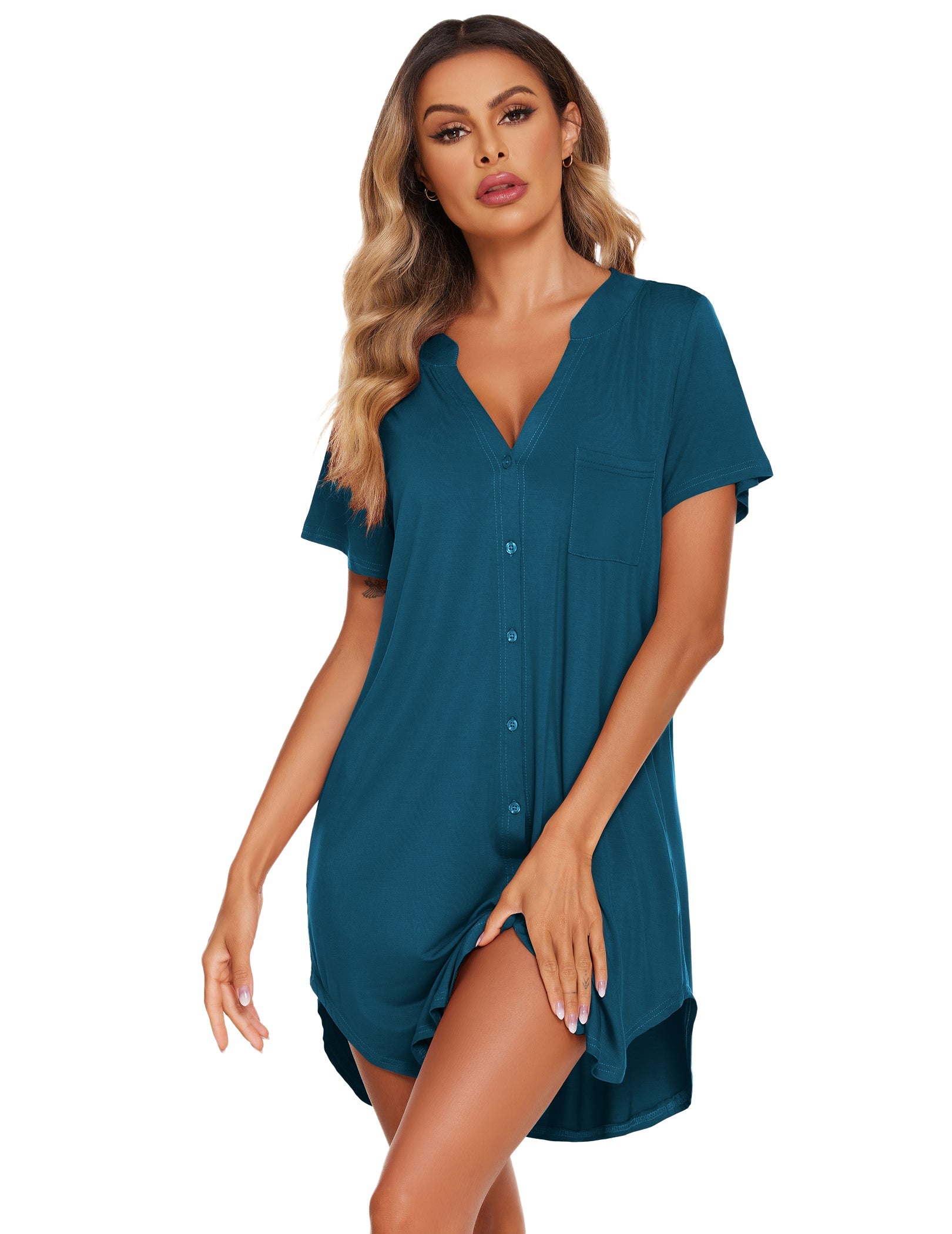 V-neck button-front teddy nightgown with short sleeves and chest pocket, teal blue