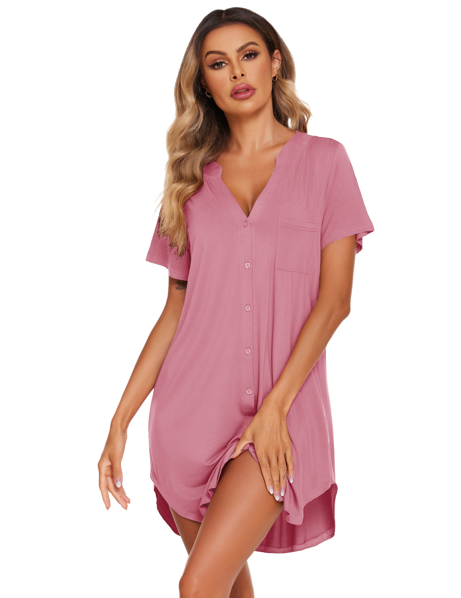 V-neck button-front teddy nightgown with short sleeves and chest pocket, mauve pink