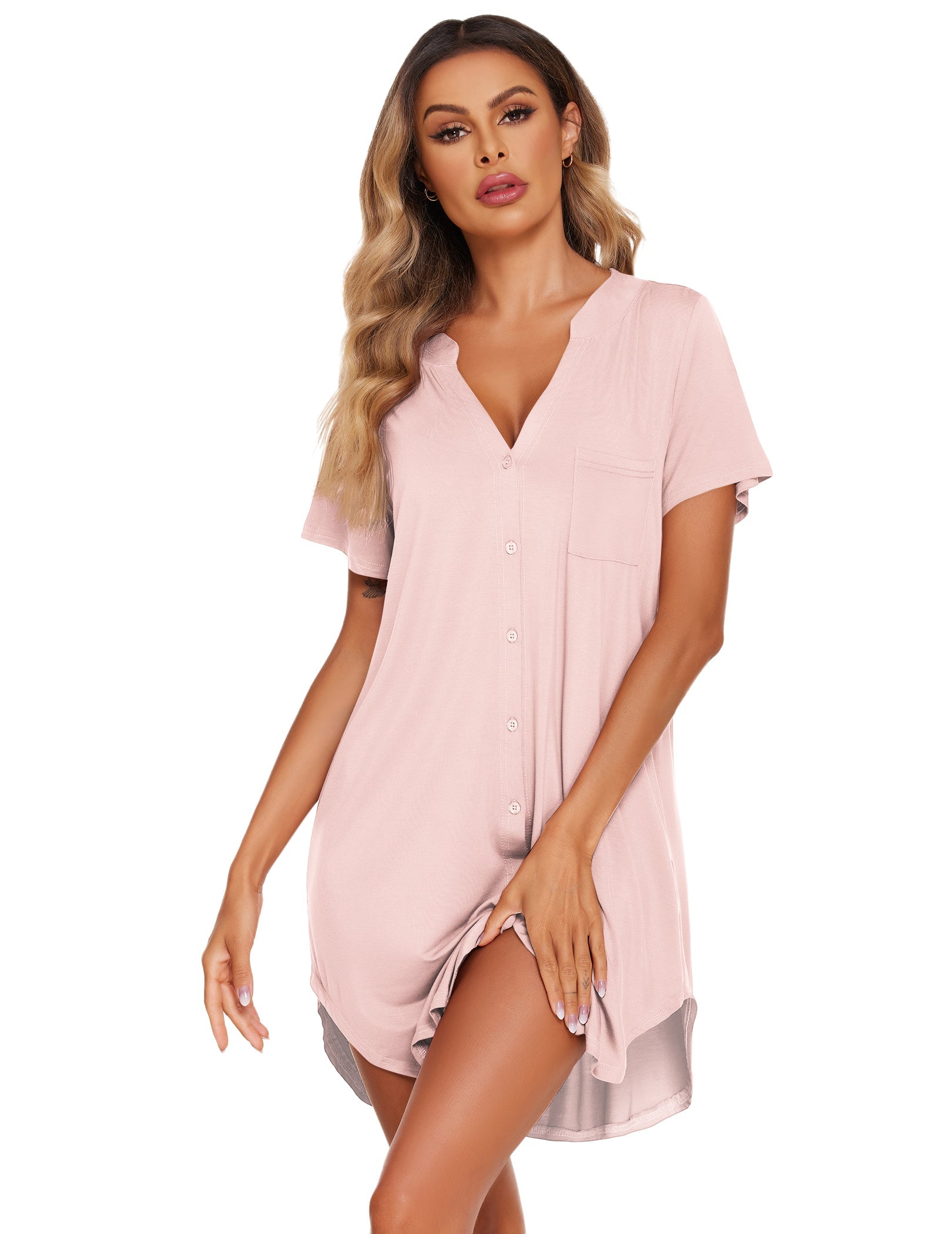 V-neck button-front teddy nightgown with short sleeves and chest pocket, light pink