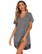 V-neck button-front teddy nightgown with short sleeves and chest pocket, heather gray