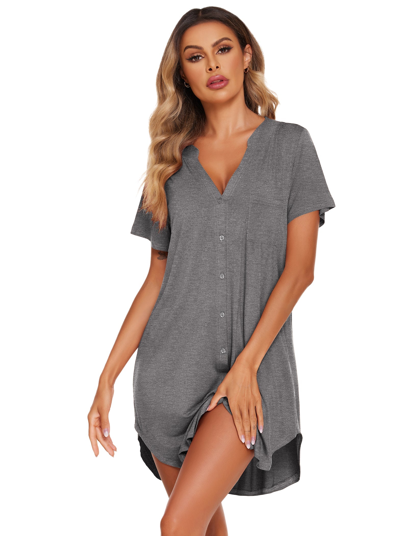 V-neck button-front teddy nightgown with short sleeves and chest pocket, heather gray