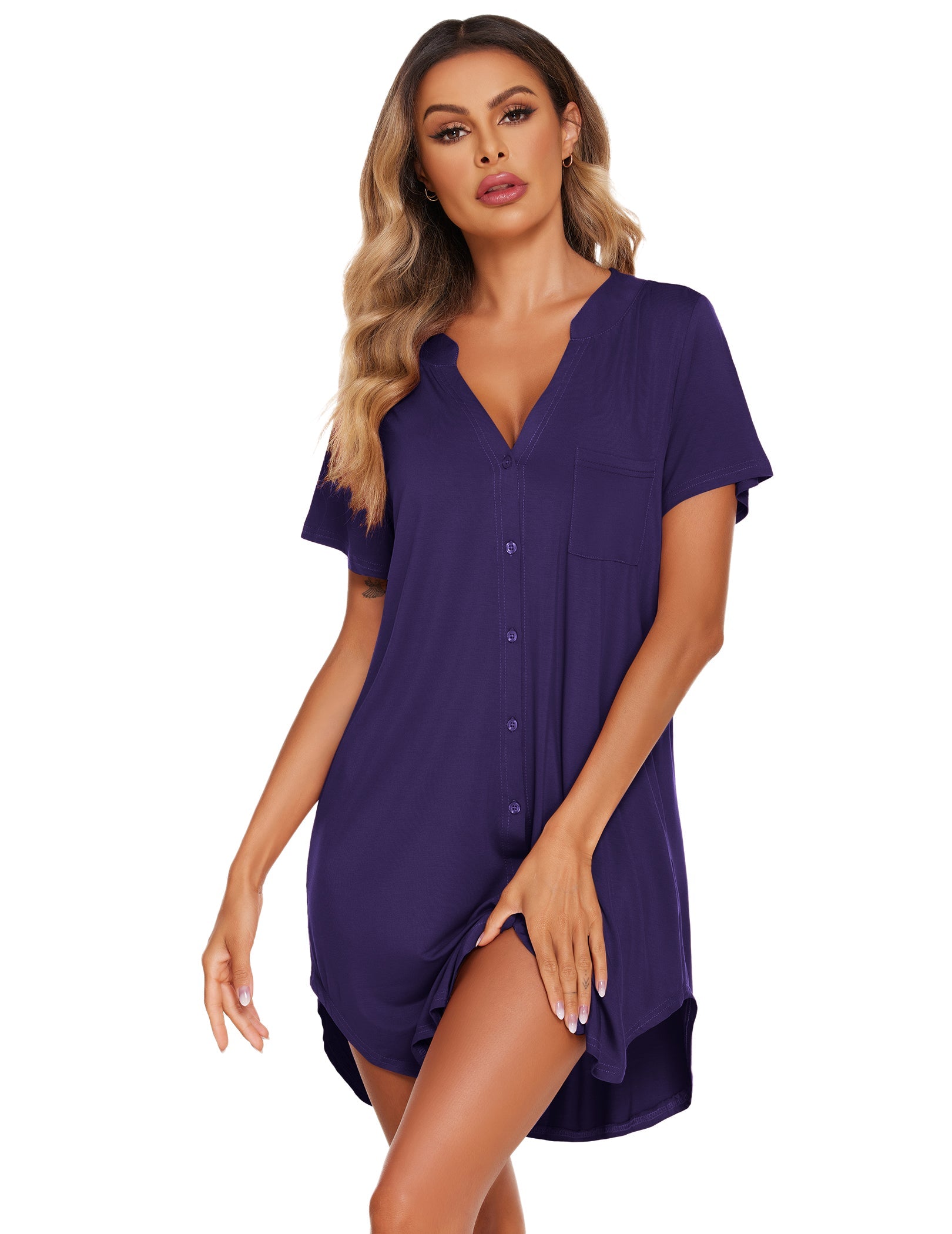 V-neck button-front teddy nightgown with short sleeves and chest pocket, deep purple