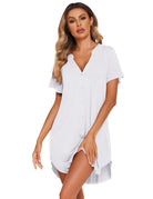 V-neck button-front teddy nightgown with short sleeves and chest pocket, white