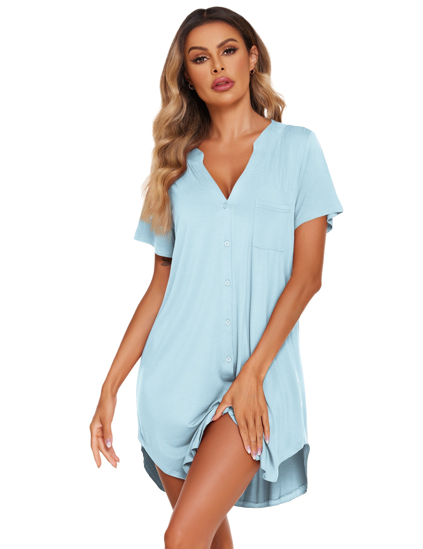 Blue V-neck button-front teddy nightgown with short sleeves and scoop hem