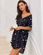 Navy star and moon print off-shoulder button-front teddy sleep dress with short sleeves