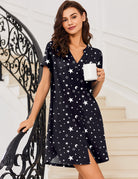 Navy star print V-neck button-front teddy nightgown with short sleeves and side slit hem