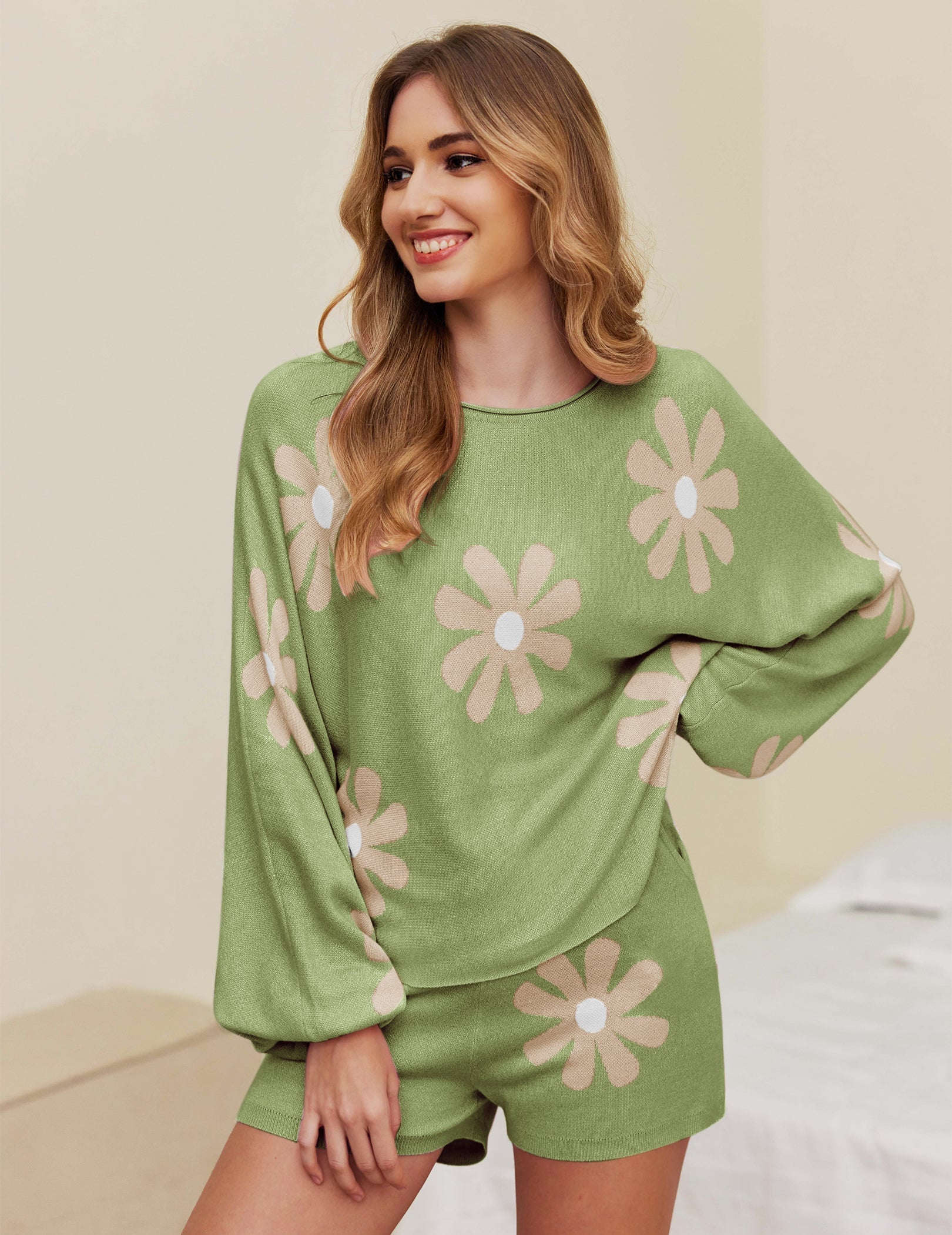 Ekouaer green knit pajama set with daisy pattern, perfect for women's casual wear and comfort.