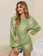 Ekouaer green knit pajama set with daisy pattern, perfect for women's casual wear and comfort.