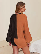 Ekouaer color block pajama set: Black and orange knit lounge set for women, casual wear.