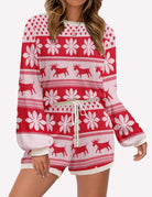 Ekouaer Christmas knit pajama set: Red and white reindeer pattern, ideal for women's casual wear.