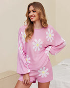 Ekouaer pink daisy pajama set for women: Knit lounge set, perfect for casual wear.