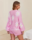 Ekouaer pajama set for women, pink knit lounge set with daisy pattern, perfect for casual wear.