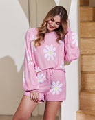 Pink Ekouaer pajama set with daisy pattern: Soft knit lounge set for women, perfect for casual wear.