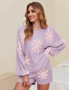Ekouaer pajama set for women: Lilac knit lounge set with daisy pattern, perfect for casual wear.