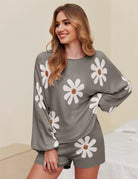 Ekouaer pajama set for women: Gray knit lounge set with daisy pattern, perfect for casual wear.