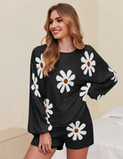 Ekouaer black daisy pajama set for women: Soft knit lounge set, perfect for casual wear.