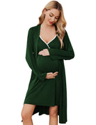 Dark green nursing gown with lace-trim V neckline and matching long robe set