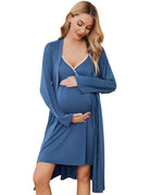 Blue nursing gown with lace-trim V neckline and matching long robe set