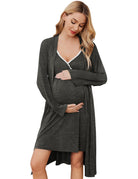 Dark grey nursing gown with lace-trim V neckline and matching long robe set