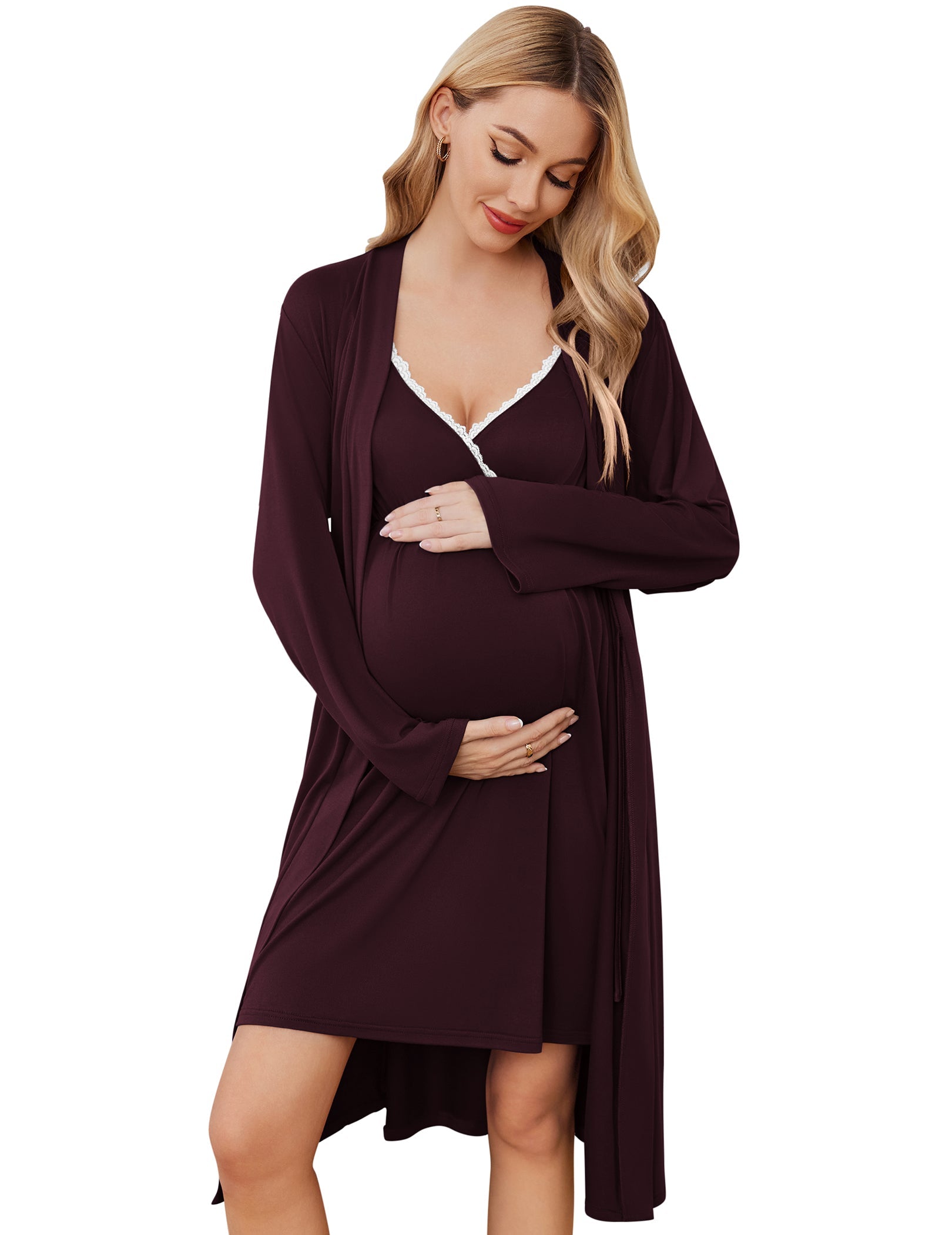 Dark red nursing gown with lace-trim V neckline and matching long robe set