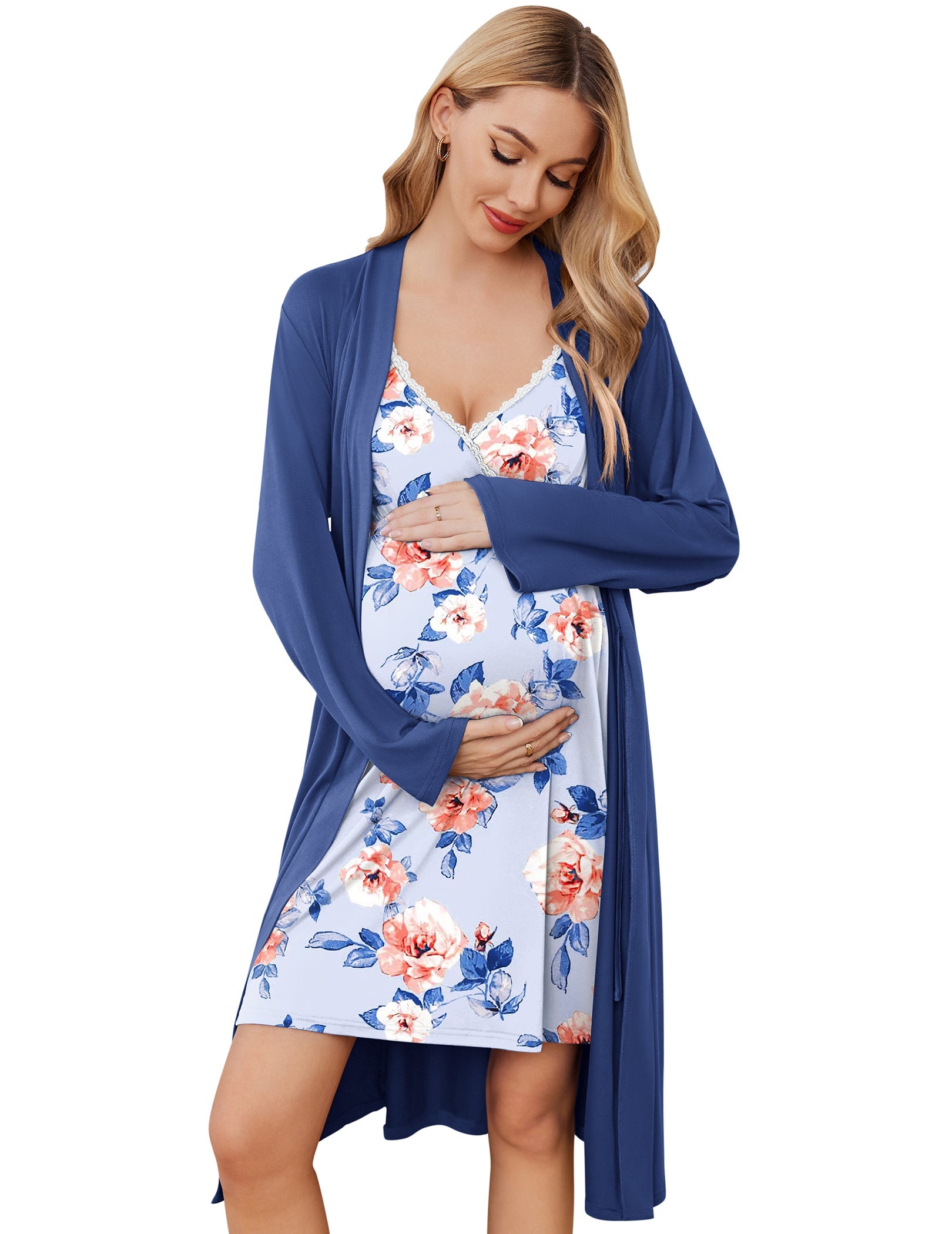 Blue floral nursing gown with lace-trim V neckline and matching long robe set