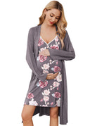 Grey floral nursing gown with lace-trim V neckline and matching long robe set