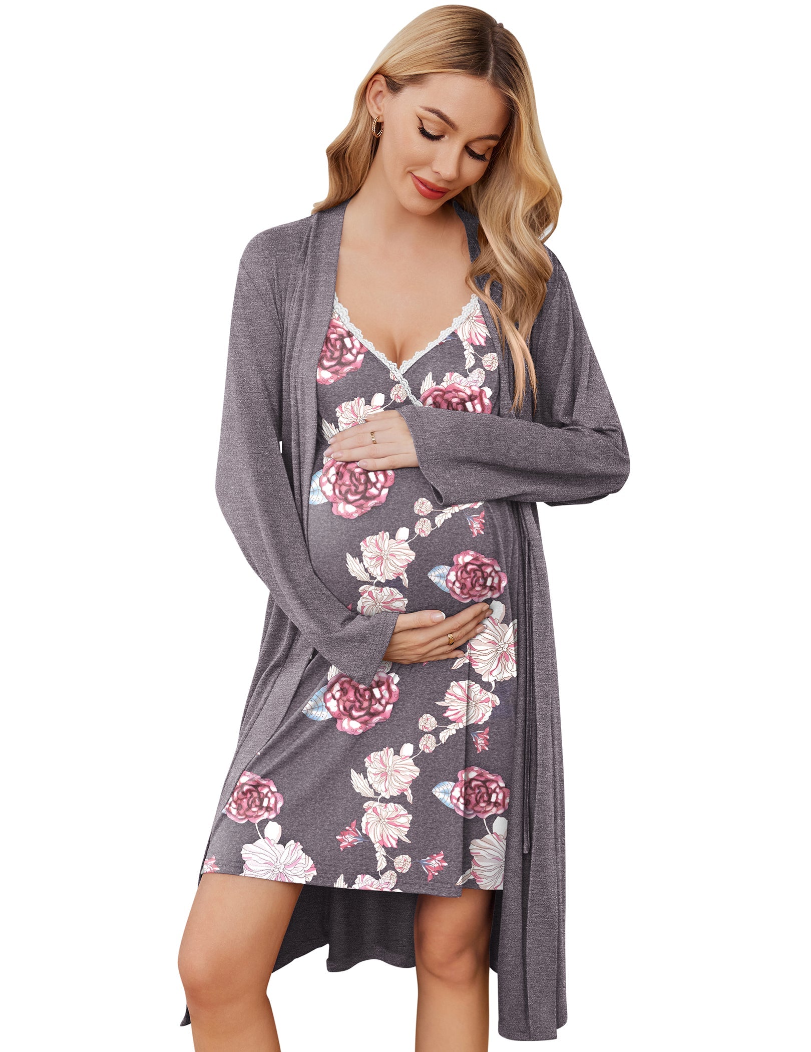 Grey floral nursing gown with lace-trim V neckline and matching long robe set