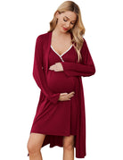 Burgundy nursing gown with lace-trim V neckline and matching long robe set