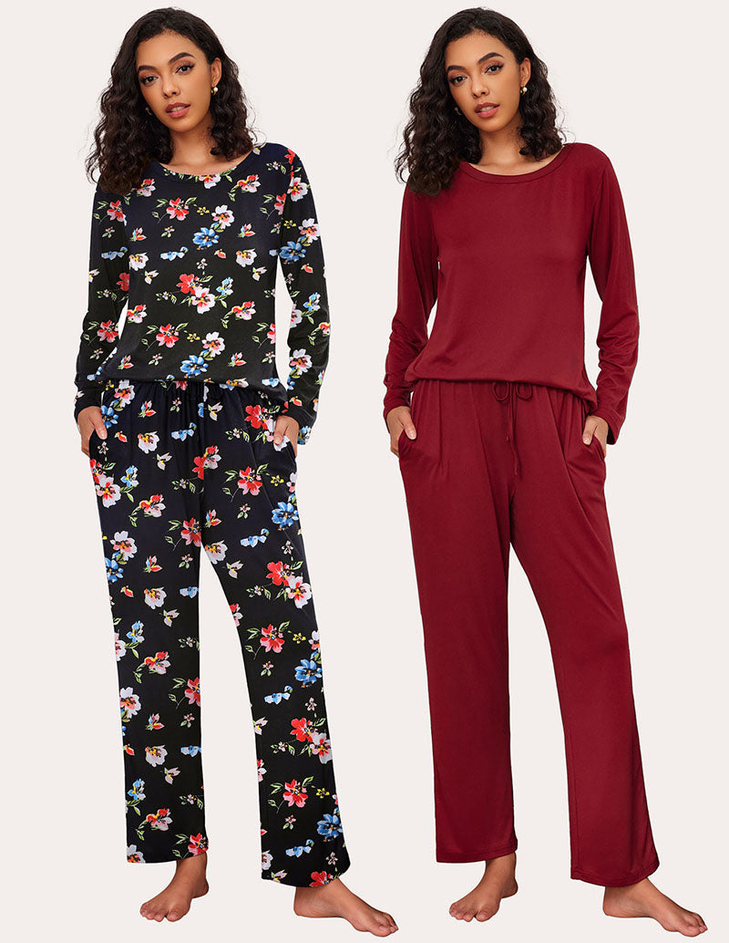Ekouaer Women's Pajama Set: Floral & Burgundy long sleeve sets, soft, drawstring pants