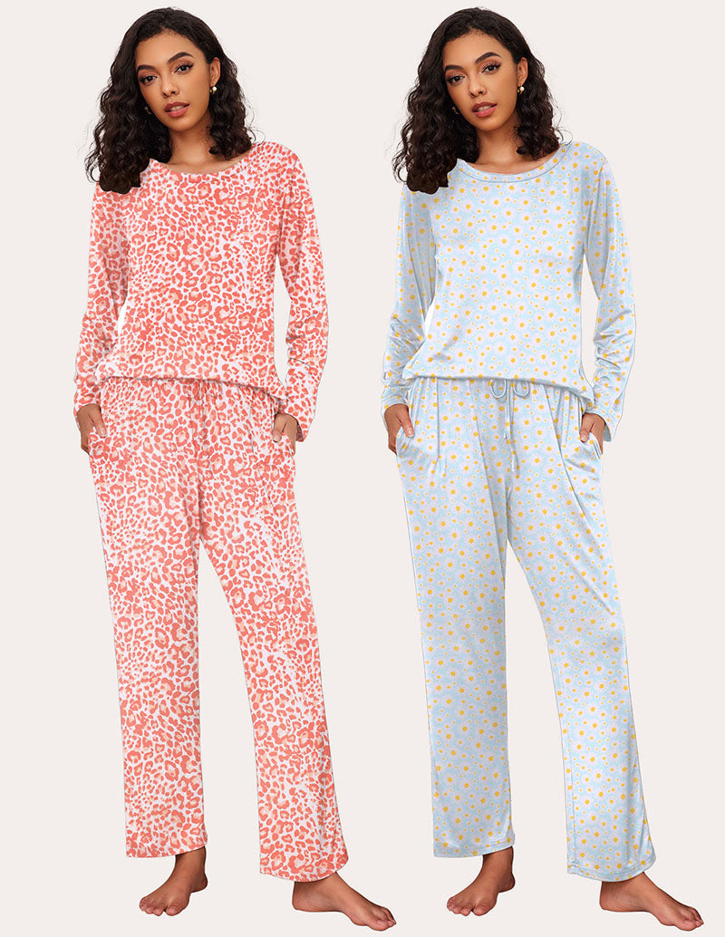 Ekouaer Women's 2-Pack Pajama Set: Leopard and Daisy Print, Soft, Long Sleeve, Drawstring Pants