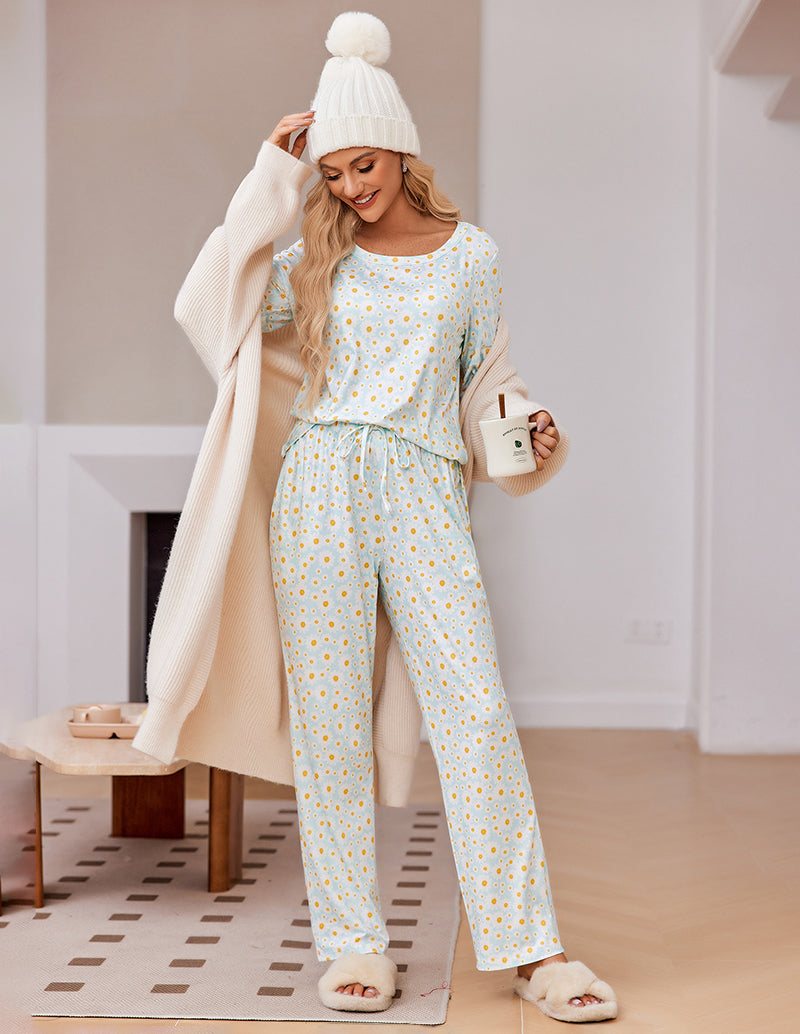 Ekouaer Women's Daisy Print Pajama Set - Soft, long sleeve, drawstring pants