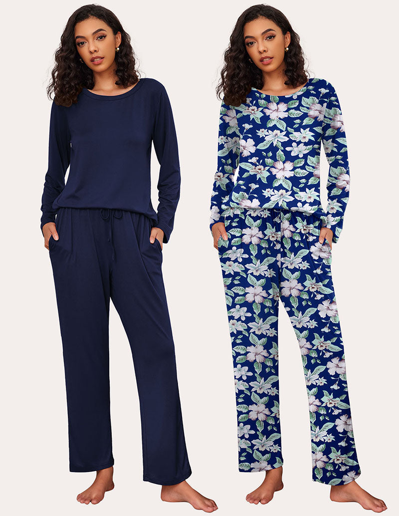 Ekouaer Women's 2-Pack Pajama Set: Soft, Navy Blue and Floral Print, Long Sleeve, Drawstring