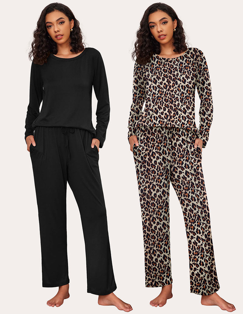 Ekouaer Women's Soft Pajama Set - Black and Leopard Print, Long Sleeve, Round Neck, Drawstring Pants