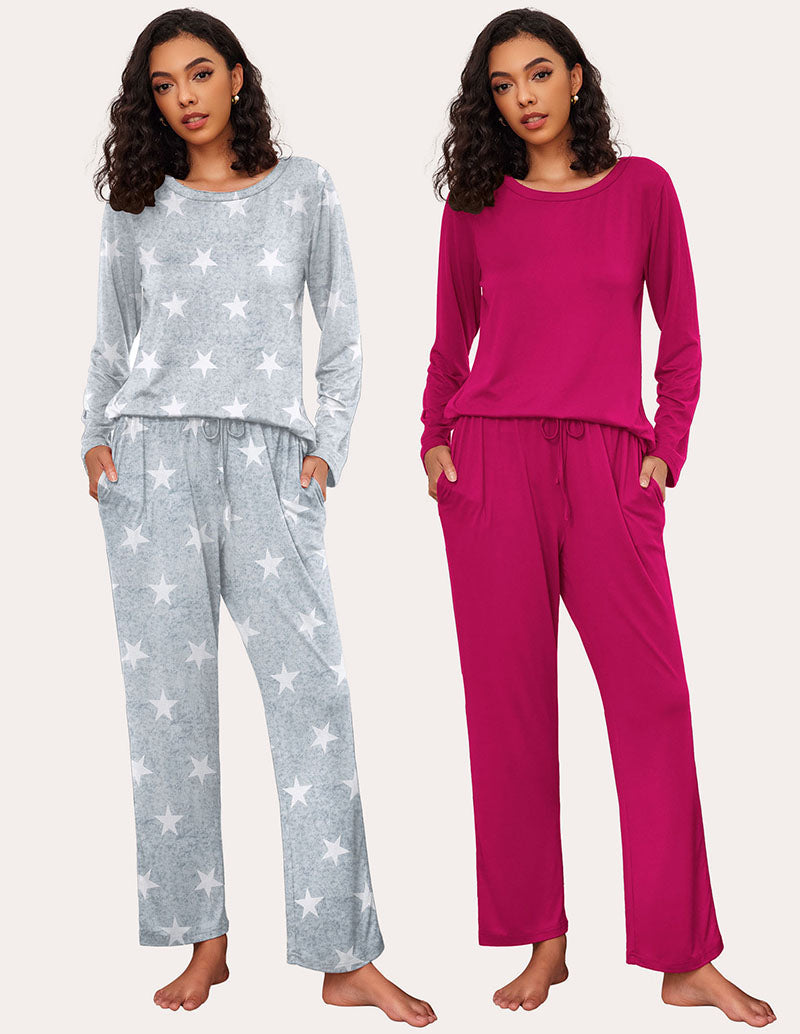 Ekouaer Women's Long Sleeve Pajama Set: Star print and solid color options