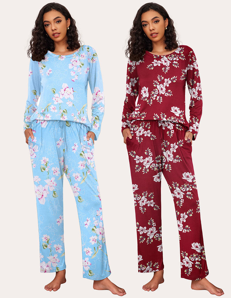 Ekouaer Floral Pajama Set: 2-pack long sleeve pajamas, soft, drawstring pants in blue and burgundy