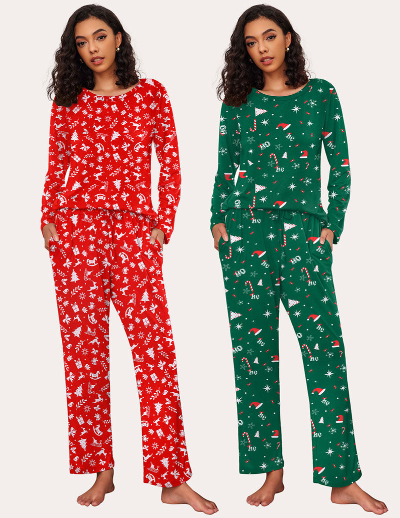 Ekouaer Women's Christmas Pajama Set: Red & Green, Soft, Long Sleeve, Drawstring Pants