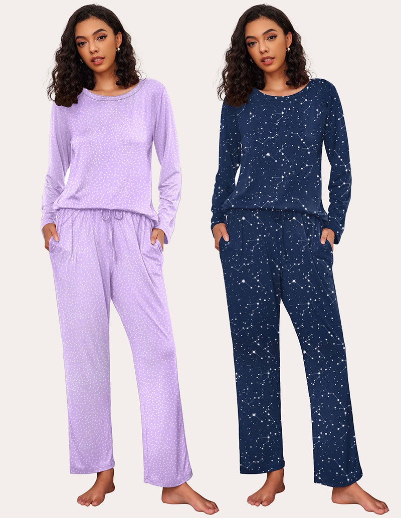 Ekouaer Women's 2-Pack Pajama Set: Soft, star print and constellation print long sleeve sets