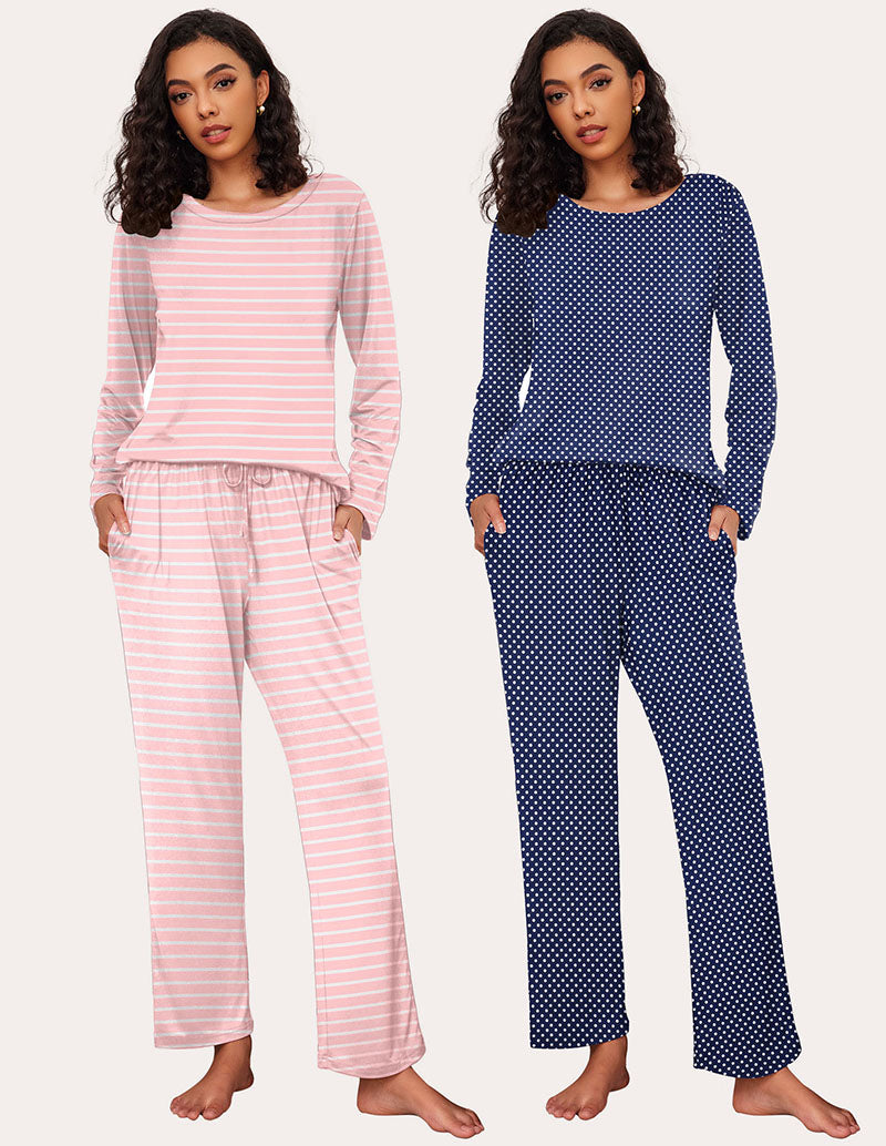 Ekouaer Women's 2-Pack Pajama Set - Soft long sleeve pajamas in pink stripe and navy polka dot