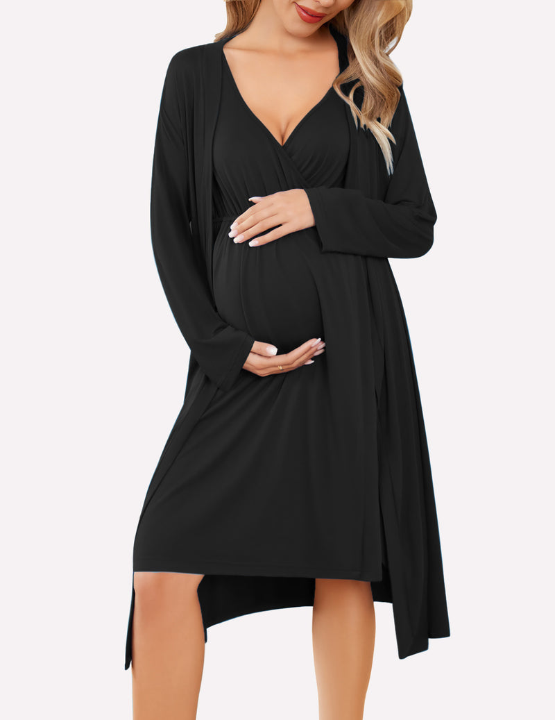 Nursing nightgown and robe set in black, V-neck with long sleeve wrap robe