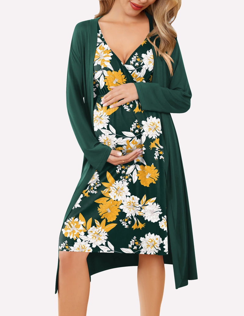 Nursing nightgown and robe set in dark green with floral print and long wrap robe