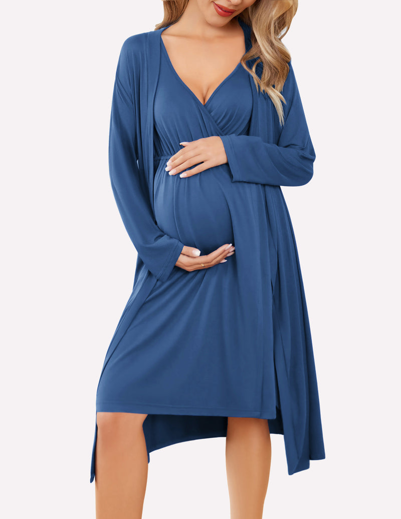 Blue nursing dress with V-neck and long sleeves, layered with a matching drape robe