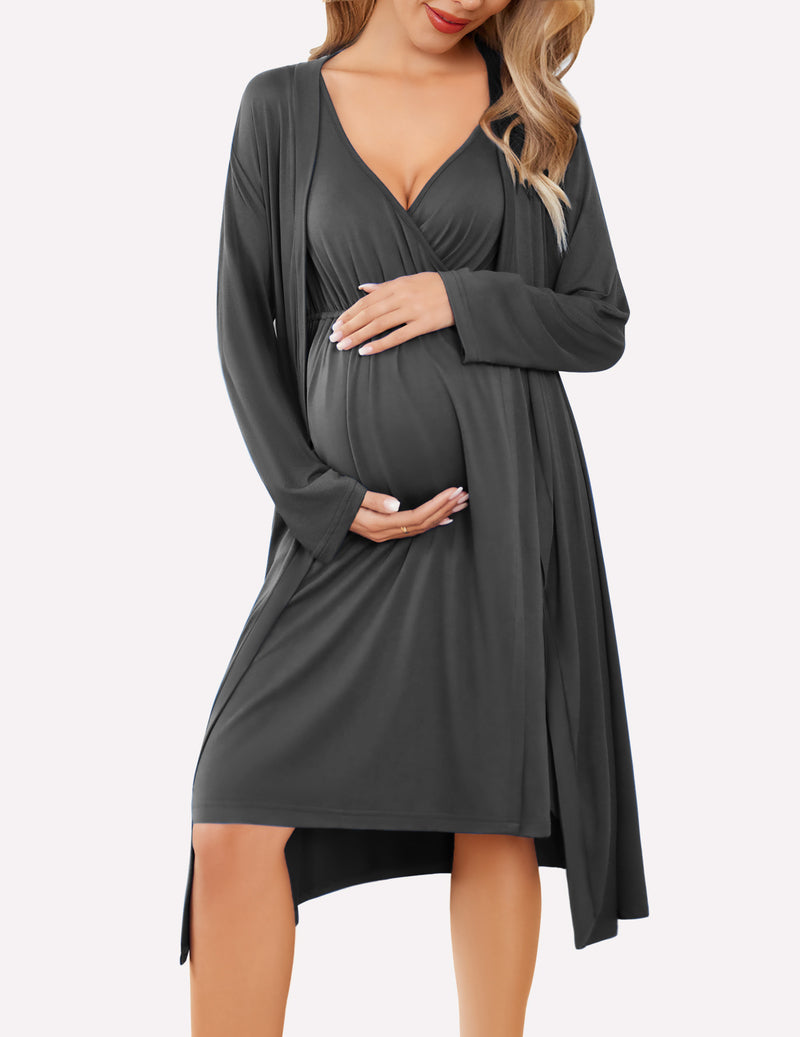 Nursing nightgown and robe set in dark gray, V-neck with long sleeve wrap robe