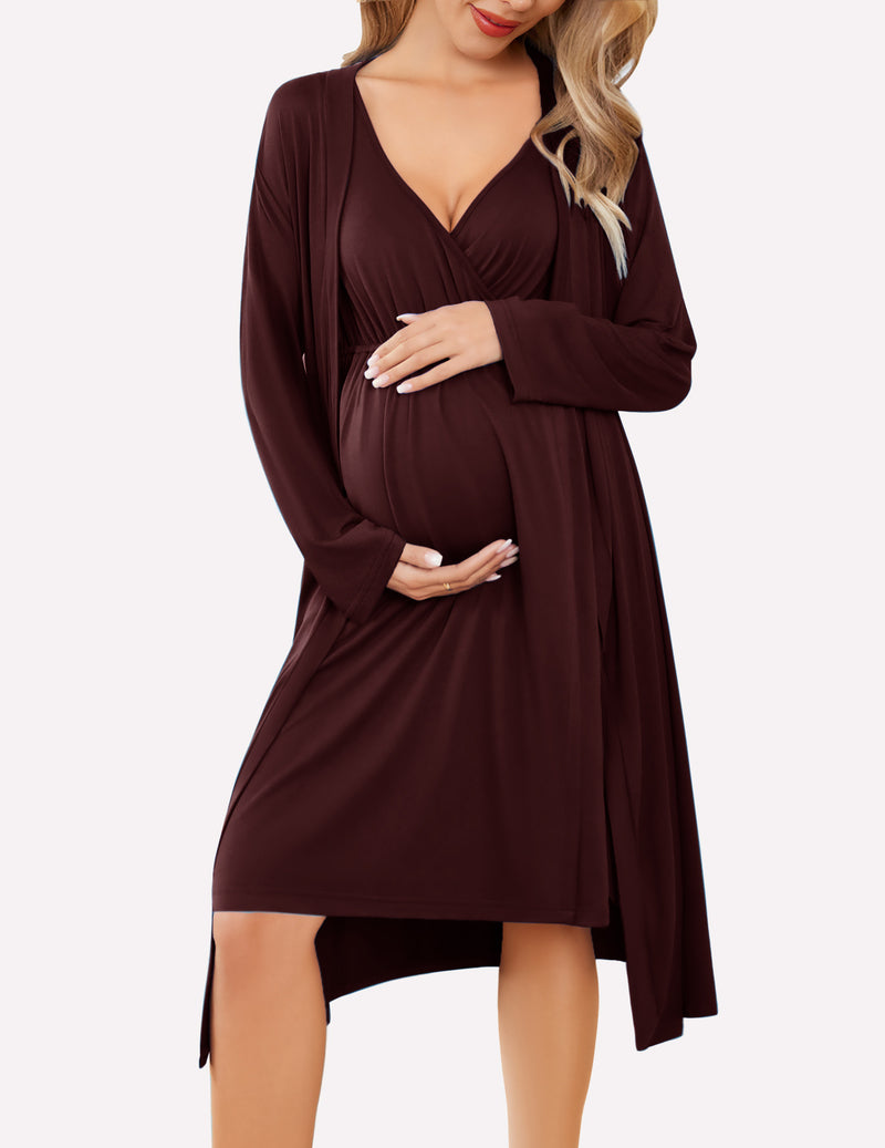 Nursing nightgown and robe set in dark maroon, V-neck with long wrap robe