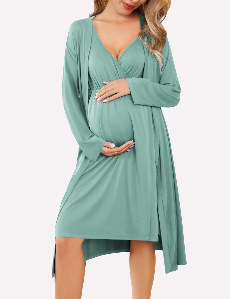 Nursing nightgown and robe set in celadon green, V-neck with long sleeve wrap robe