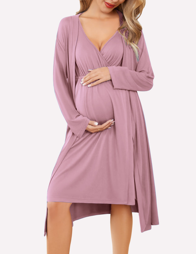 Nursing nightgown and robe set in mauve, V-neck with long sleeve wrap robe
