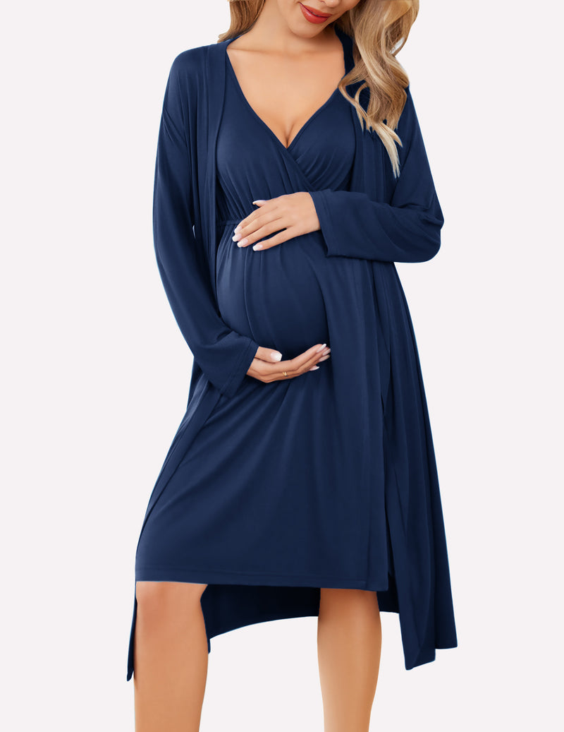 Nursing nightgown and robe set in dark blue, V-neck with long sleeve wrap robe