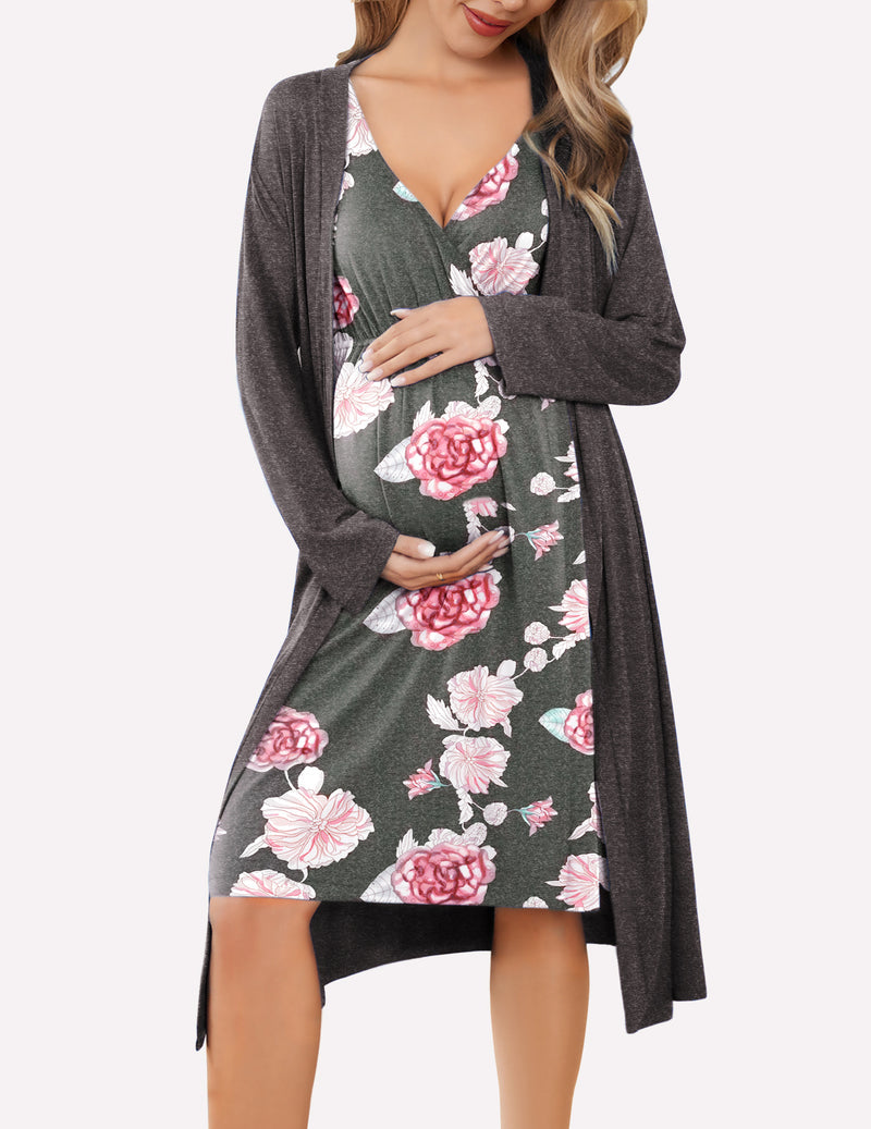 Nursing nightgown and robe set in dark gray with floral print and long wrap robe