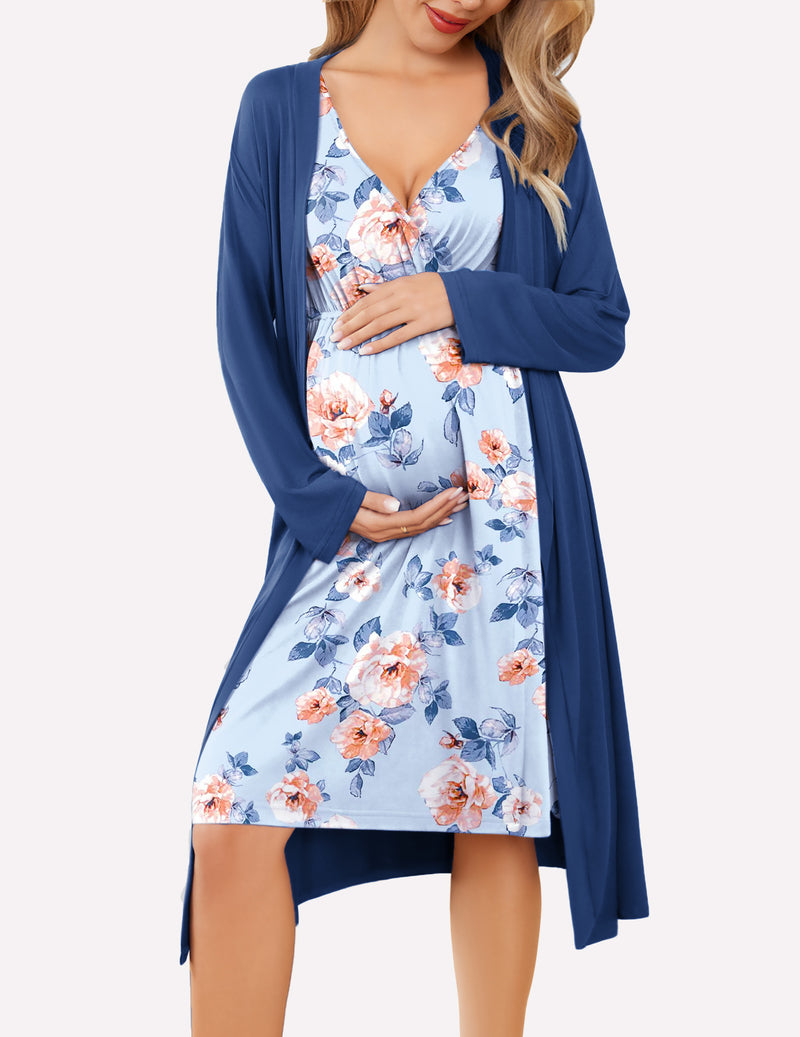 Blue floral nursing nightgown with V-neck, layered with a solid blue long robe